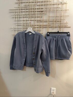 Cozy Slate Blue Cardigan and Drawstring Skirt Set